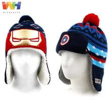 Зимняя детская шапка Marvel, Капитан Америка, Железный человек, шапочка для мальчиков, зимняя плотная теплая шапка-ушанка с ушками