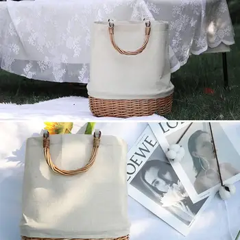 

Straw Beach Bag Vintage Handmade Woven Shoulder Bag Raffia Circle Rattan Bags Bohemian Summer Vacation Casual Bags Canvas Bag