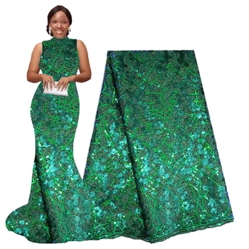 

Nigerian Lace Fabric Dark Green Shiny Sequin Lace Fabric Double Net Africa Lace Fabric for Aso Ebi Wedding Party Dresses