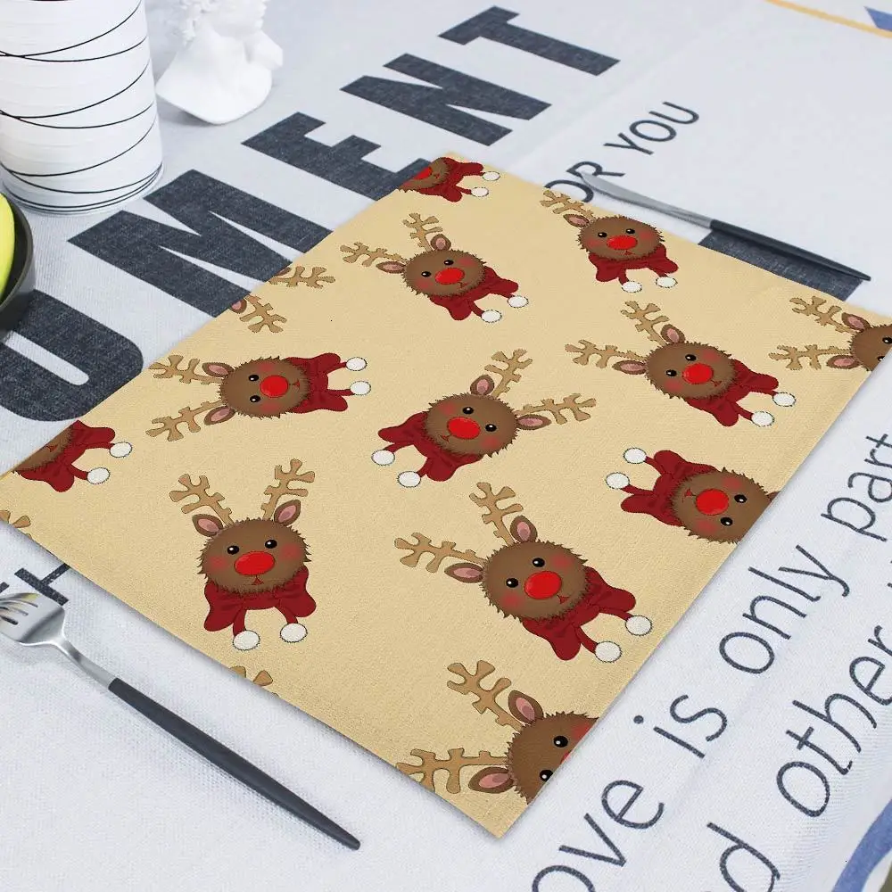 New Year Christmas Elk Placemats 42*32 Cartoon Bear Tableware Table Napkins Decoration Napkin for Hot Pad Kitchen Dining Serving