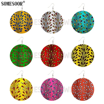 

SOMESOOR Jewelry African Ankara Fashion Style Print Fabric Wooden Both Sides Printing Round Earrings For Women Gifts