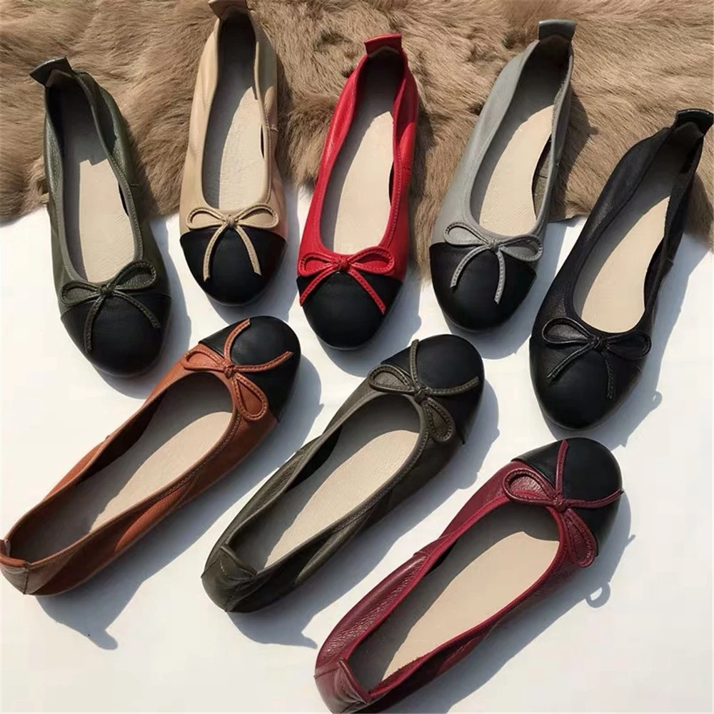 Балетки женские из натуральной кожи с круглым носком туфли на плоской подошве со