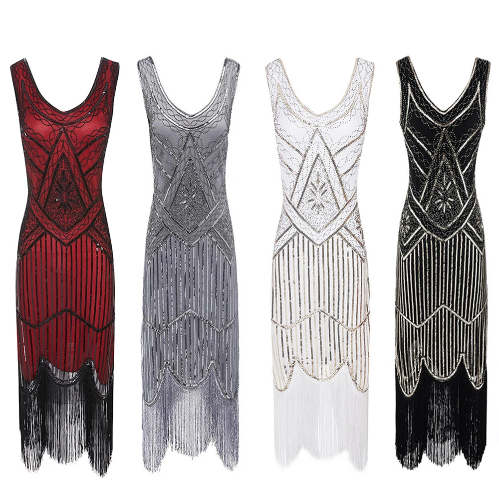 

newest female 1920s vintage sequins full fringed deco inspired flapper dress ruaring 20s great gatsby Dress
