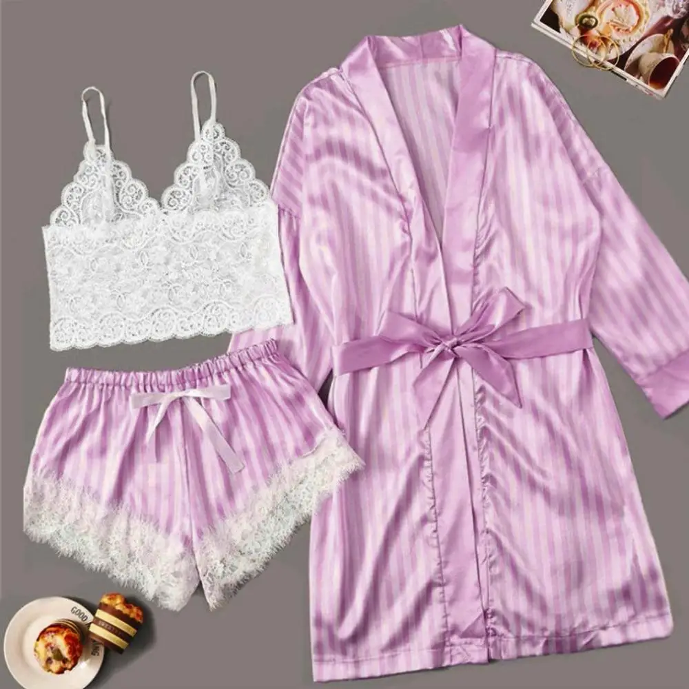 

Pajamas Silk Kimono Robe Bathrobe Sexy Satin Lingerie Lace Shorts Set Ladies Dressing Gowns Home Clothes Underwear Sleepwear
