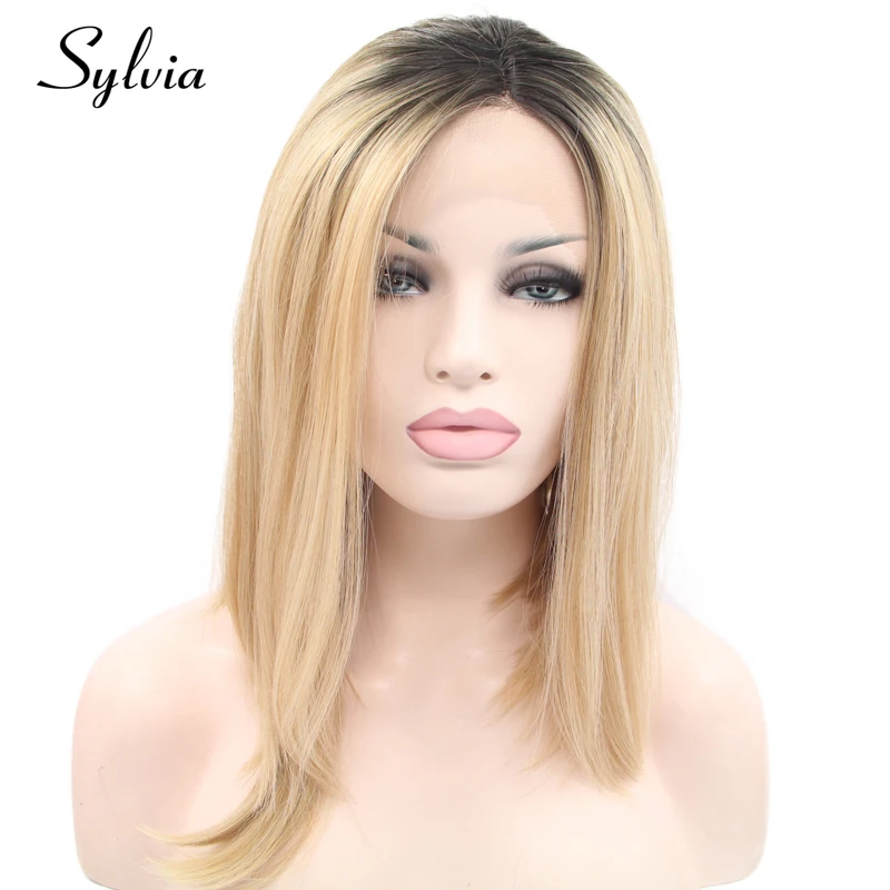 

Sylvia Blonde Short Straight Bob Synthetic Lace Front Wigs With Dark Roots Heat Resistant Fiber Hair For Women
