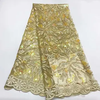 

3 d flowers gold line Sequins Lace Fabric 2019 Nigerian Laces Fabric High Quality French Tulle Lace Fabric For Women Dress