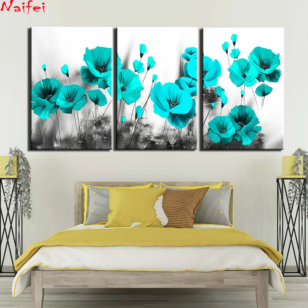 3-Pieces-Canvas-Photo-Prints-Black-and-white-background-blue-flower-Wall-Decor-Wall-Art-Picture (1)