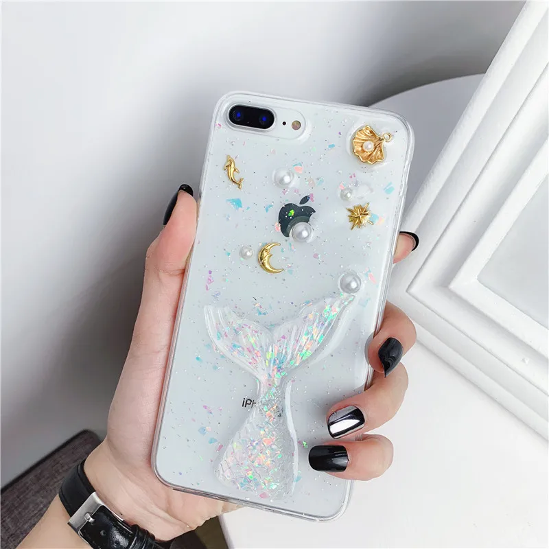Transparent Луна Звезда Дельфин блестящий чехол для телефона для iPhone 6 6 S 7 8 Plus X XR XS MAX Блестящий морской жемчуг оболочка хвост русалки чехол - Цвет: Transparent