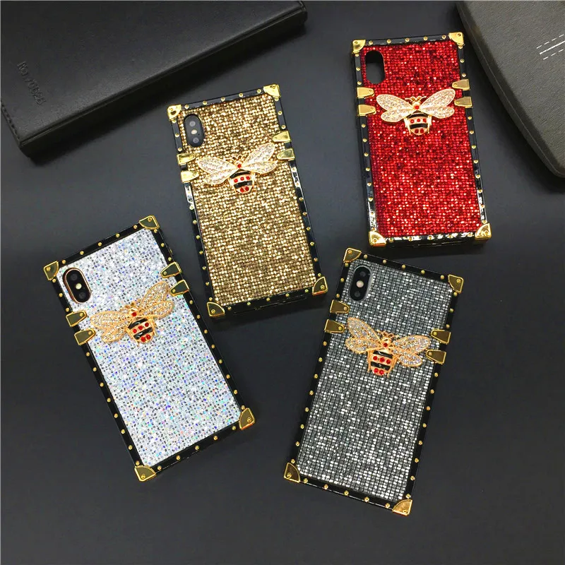

Luxury Glitter Square Cover Diamond Bee Case for Samsung Galaxy S10 Lite S10E S8 S9 Plus Note 10 9 8 J4 Prime J6 A10 A20 A50 M10