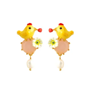 

Enamel Glaze Cute Three-dimensional Little Yellow Chicken Flowers Natural Freshwater Pearl Ear Female 925 Tremella Earrings