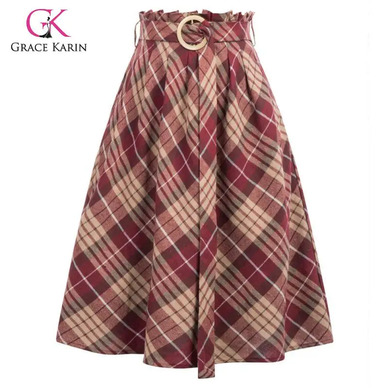 

Grace Karin Autumn Winter Vintage Flared A-Line Plaid Skirt With Belt Knee Length Women Elastic High Waist Pleated Midi Skirt