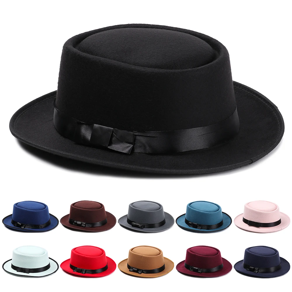 Brand New Wool Boater Flat Top Hat Fedora Hat Wide Brim Flat Top Jazz