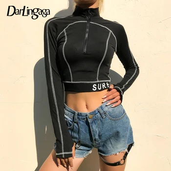 

Darlingaga Casual Skinny Turtleneck Long Sleeve Tshirt Women Tops Line Stripe Bodycon Zipper Crop Tops Tees T-shirt Letter Print