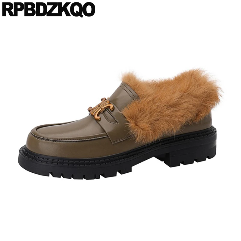 Mocasines gruesos de lujo para mujer, zapatos de diseñador de China, piel de alta calidad, 2021 marrón, punta redonda, cuero verde genuino de Metal| Zapatos planos - AliExpress