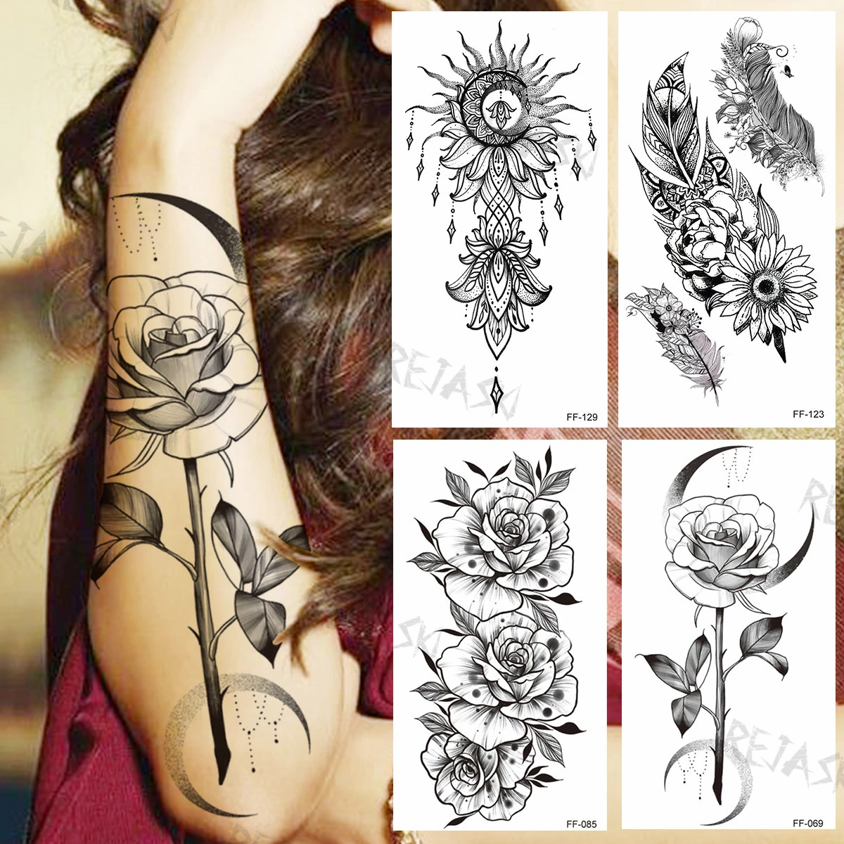 Tatouage Rose Et Lune Signification Faux tatouages temporaires pour femmes, fleur de lune Rose noire, pendentif  de soleil réaliste, plume, autocollant de transfert de bras | AliExpress