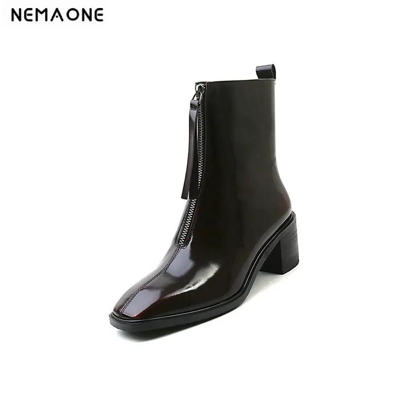 

NEMAONE cow leather high heels Ankle Boots zipper Autumn Winter Party Wedding Pumps Ladies square Toe Basic Boots size 42 43