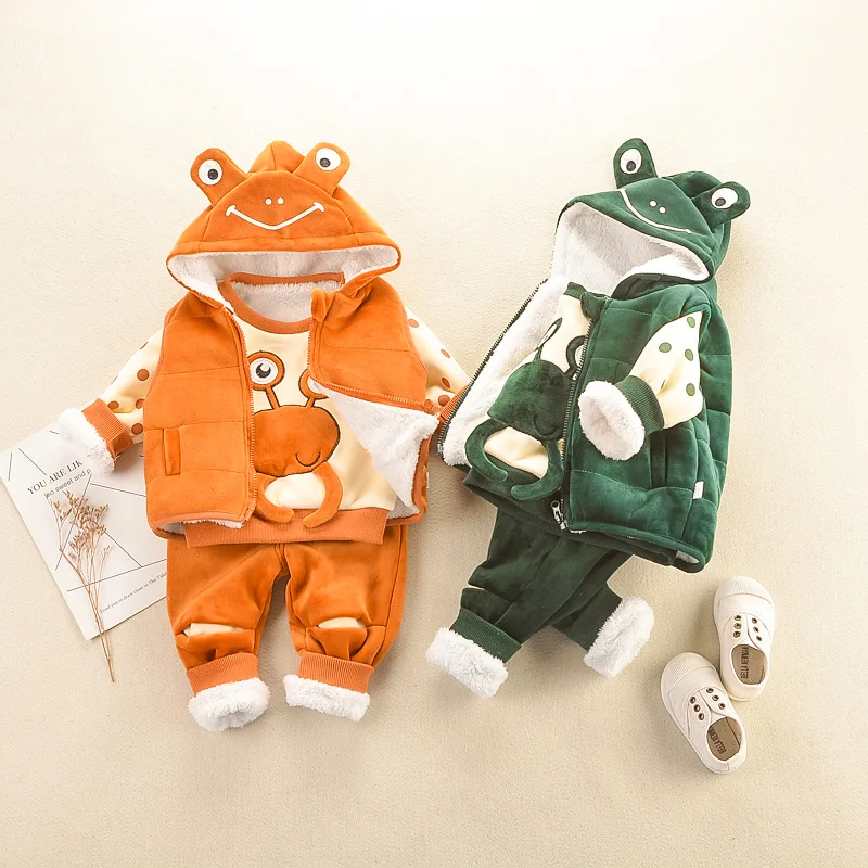 

2019 Winter New Style Cute Three-piece Set Men And Women tong ying Young Children Frog Hoodie Thick Warm Hooded Set Fashion