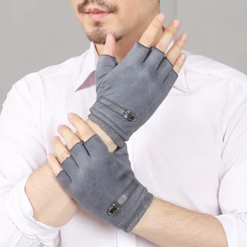 

Fingerless Men Gloves Driving Suede Leather Black Grey Half Finger Men Elastic Gloves Outdoor Bike Mittens Winter Warm Gloves