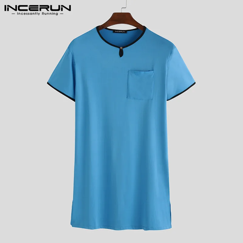 

Summer Men Sleep Tops Short Sleeve Fashion Solid Homewear Loose Long Casual V Neck Men Sleepwear S-5XL INCERUN