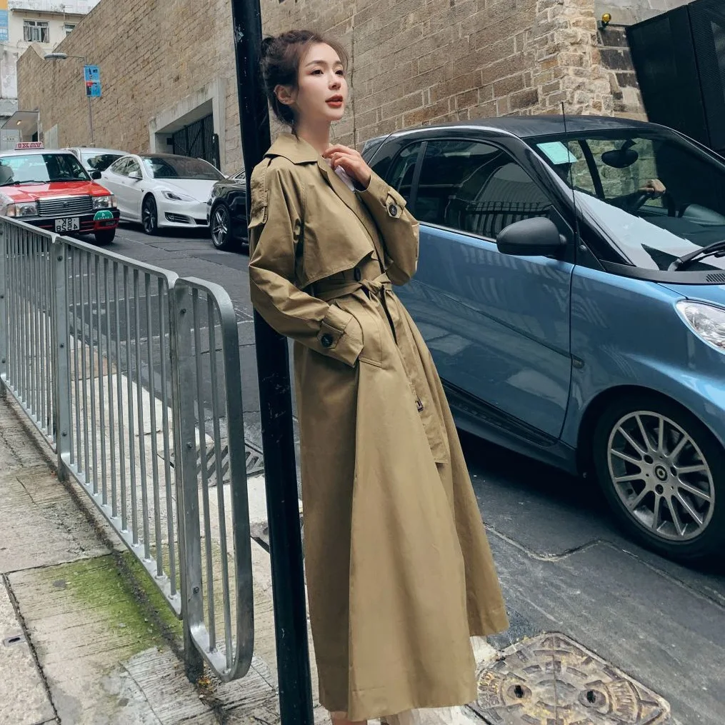 

Photo Shoot CHIC Simple Khaki Suit Collar Double Breasted Waist Hugging Lace-up Slim Fit Back Slit Trench Coat Women's
