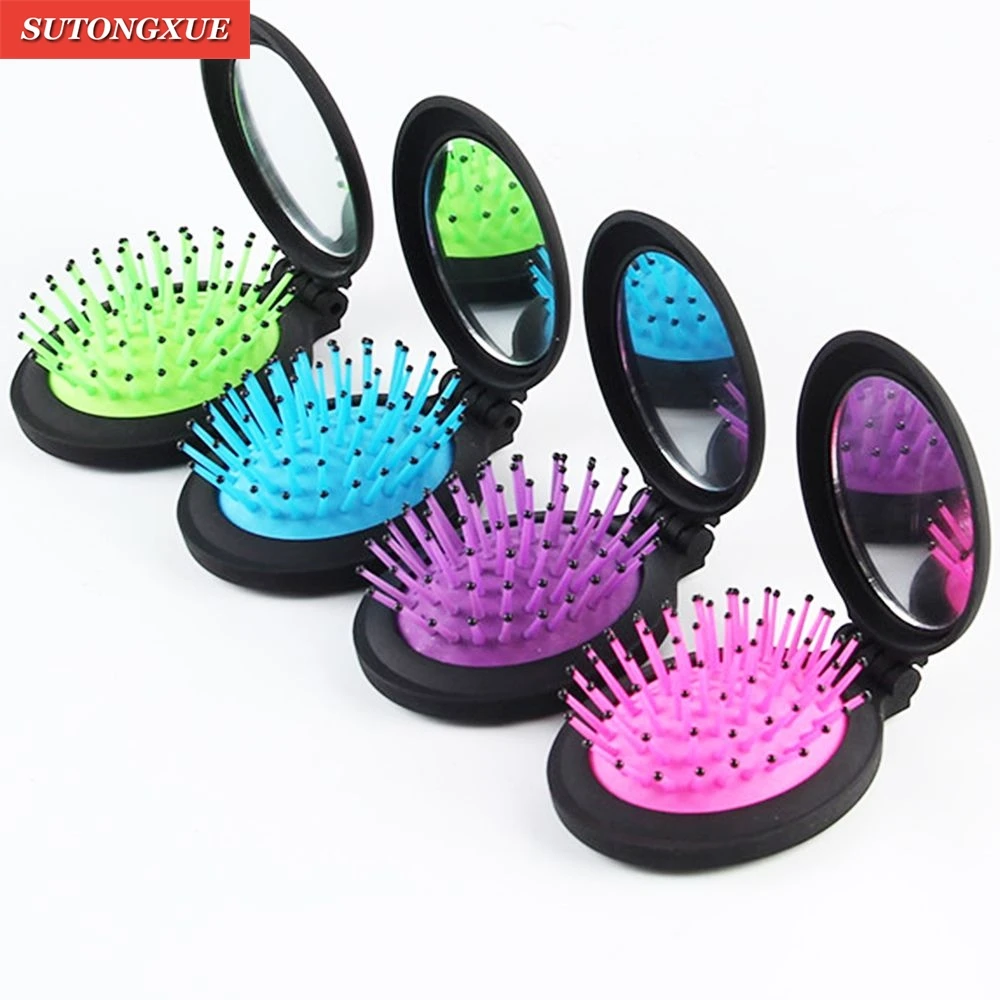 Portable Mini Folding Massage Comb Airbag Massage Round Travel Hair brush With Mirror Cute Anti-static Rainbow Comb
