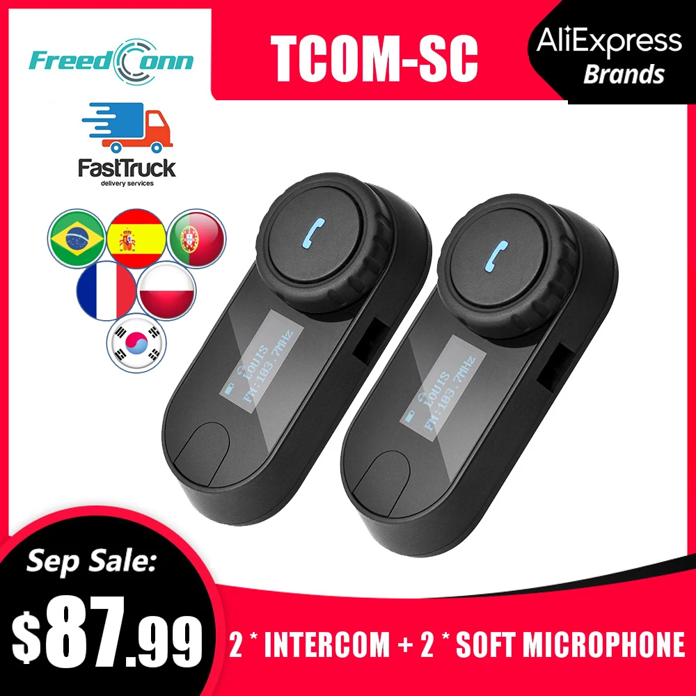 

QPLOVE 2pcs Freedconn tcom sc helmet headset motorcycle bluetooth intercom with LCD screen soft microphone 800m talking distance