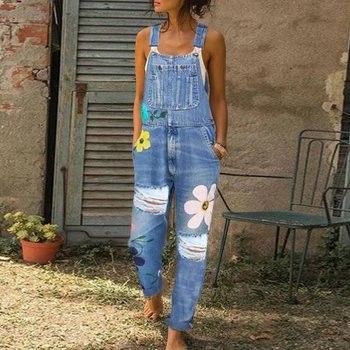 

Overalls Women Denim Jumpsuit Sleeveless Overalls For Women Floral Pant Long Trouser Frayed Jeans Jumpsuits High Waist Jeans