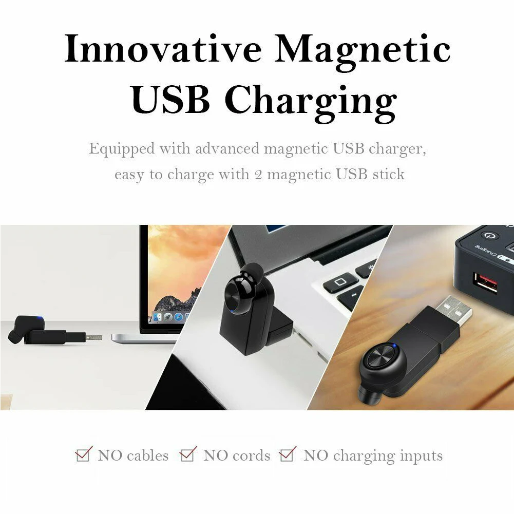 1PC Bluetooth 4.2 Mini Outdoor Stereo Wireless Earbuds Noise Cancelling HIFI Handsfree Sports Portable Magnetic USB Charging Car