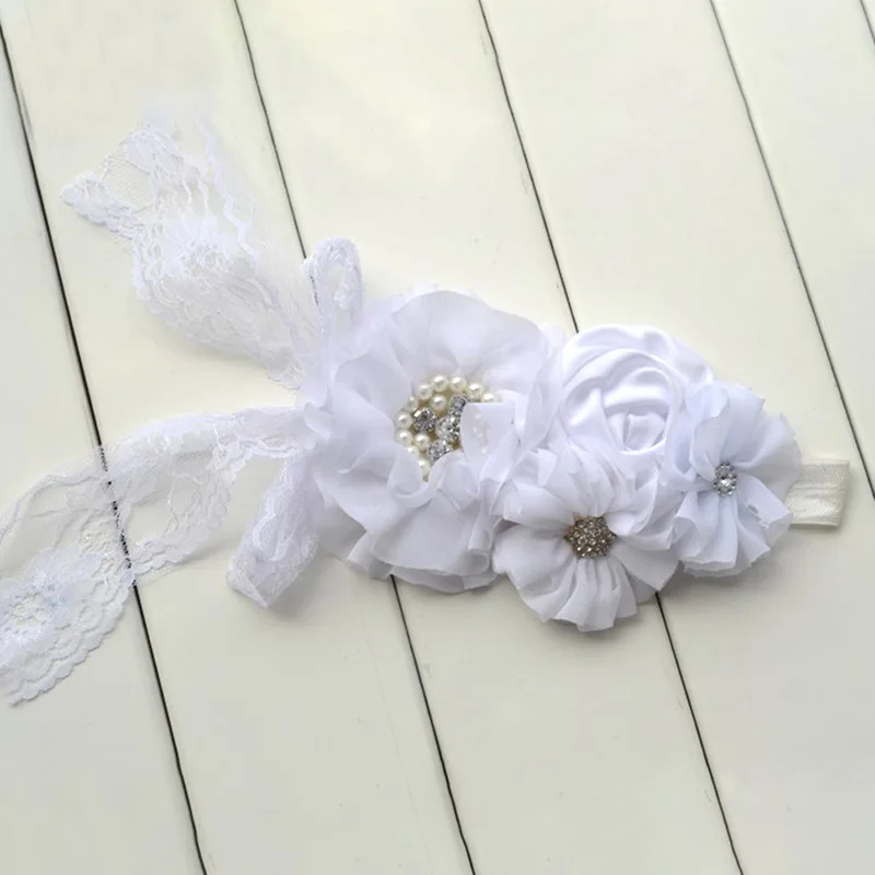 Fascia Capelli Bambina Con Fiori Di Perle E Pizzo - Morbida Ed Elastica Per Neonati E Bambine - Foto 12