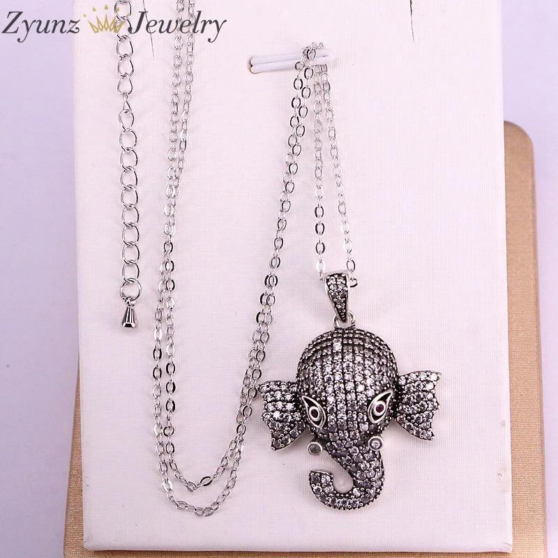 5PCS, Clear CZ Cubic Zirconia Elephant Head Pendant Necklaces Genuine Vintage Silver Color For Women Jewelry Party Gift