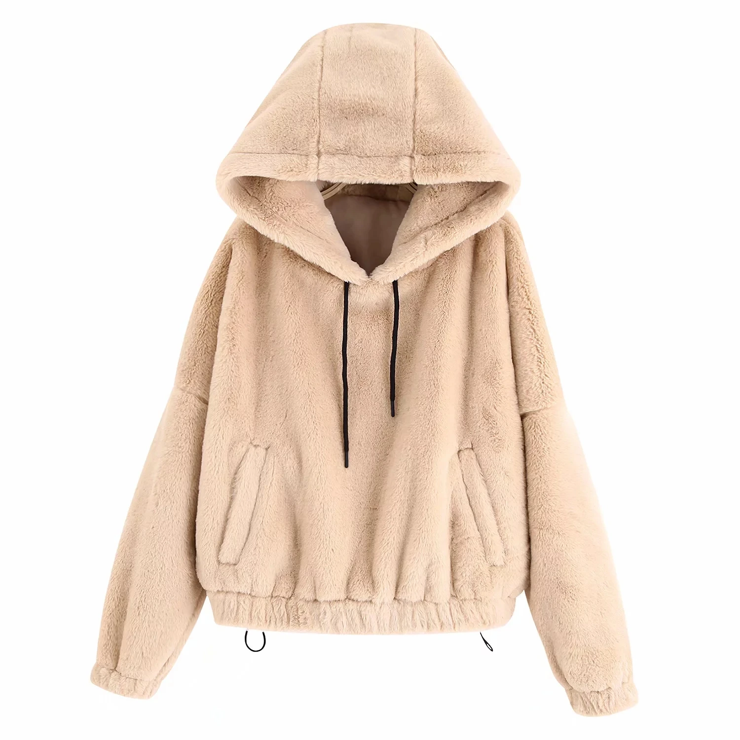 Beige Женское плюшевое пальто черного и бежевого цвета, негабаритное пальто из искусственного меха кролика, пуловеры с длинными рукавами, толстая зимняя Толстовка zora, толстовки - Цвет: Beige
