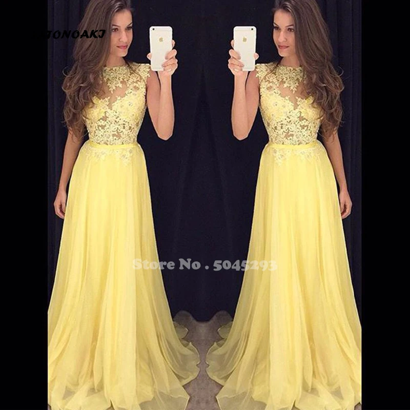SATONOAKI vestido de festa Longo желтое шифоновое длинное платье трапециевидной формы без рукавов с кружевным орнаментом недорогое вечернее платье вечерние