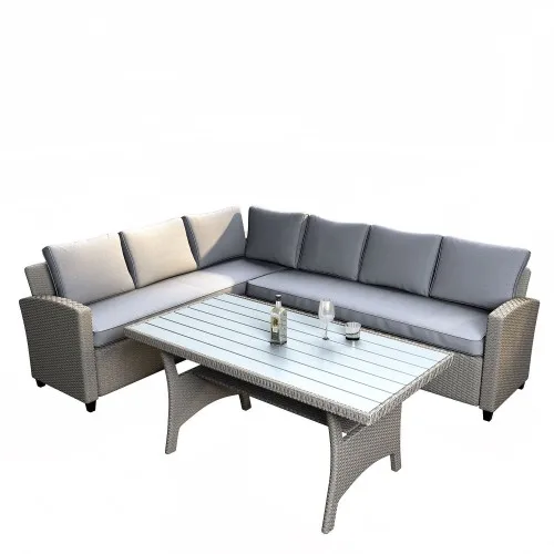 Outdoor Furniture Sectional PE Rattan Wicker Patio Set With Faux Wood Grain Top Table And Cushions Modern Design Garden Sets Outdoor Furniture Sectional PE Rattan Wicker Patio Set With Faux Wood Grain Top Table And Cushions Modern Design Garden Sets