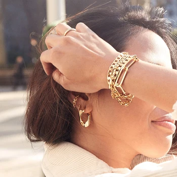 

Punk Gold Color Link Chain Bracelets Bangle Gifts For Women Men Statement Three-layer Charm Bracelet Fashion Wedding Jewelry