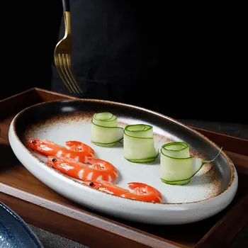 

12 Inch Japanese Ceramic Large Oval Steamed Fish Ramen Dish Restaurant Commercial Tableware Simple Household Dessert Sushi Dish
