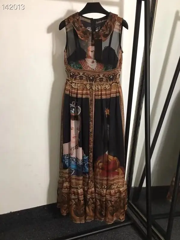 

High Quality Runway Dress 2020 Spring Summer Women Fashion O Neck Sleeveless Portrait Print Long Chiffon Boho Holiday Dresses
