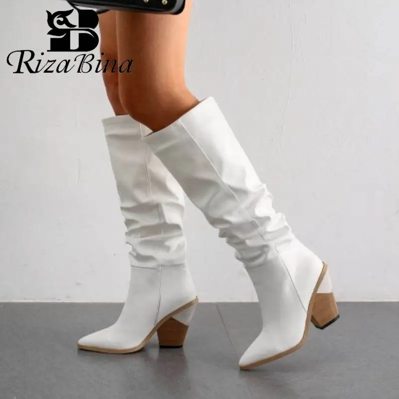 

RIZABINA Women Knee High Boots Western Style Pointed Toe High Heels Long Boots Autumn Winter Designer Footwear Size 34-43