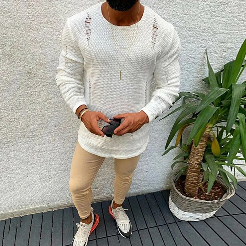 

Mens Sweater Ripped Fashion Cotton Soft Male Winter Warm Knit Clothes Casual Cool Pullover O-Neck Long Sleeve Men Ripped Sweater