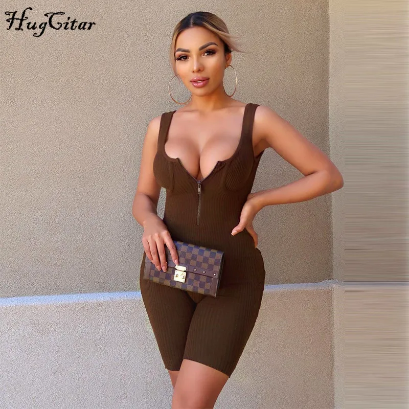 

Hugcitar 2020 sleeveless zipped bodycon stretchy playsuit summer women solid fashion streetwear outfits body romper