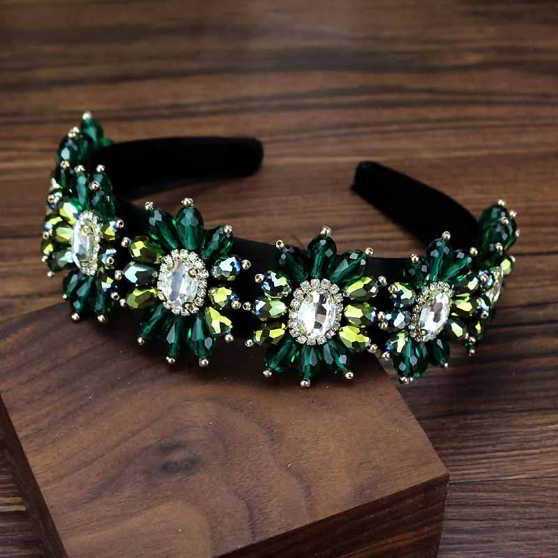 green crystal beads Ручной работы Винтаж зеленое, в стиле барокко с украшением в виде кристаллов и бисером Повязка элегантные стразы жемчужные ободки для Для женщин вечерние аксессуары для волос - Окраска металла: green crystal beads