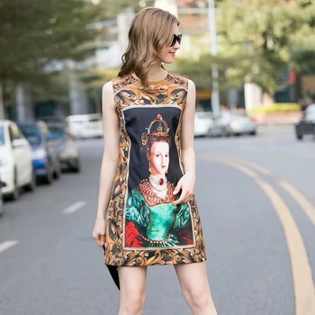 

Spring And Summer New Style Beaded Sleeveless Abstract Print High Quality Retro Style Temperament Mini Ladies Dress Fashion