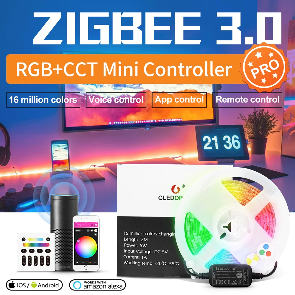 GLEDOPTO ZigBee3.0 LED Light Strip Controller Pro Kit Mini 5V USB RGBCCT Color Changing Tape Hub APP/Alexa Voice/Remote Control