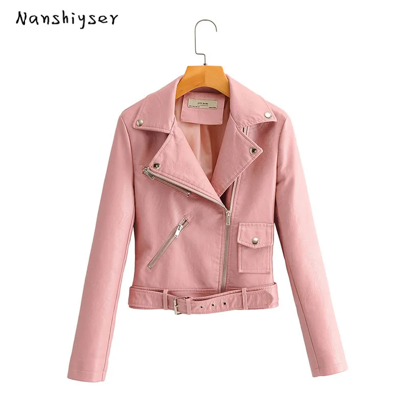 

2020 Autumn Women Cropped Leather Jacket Washed solid Women slim Leather Coats Zipper With belt Short faux leather biker jacket