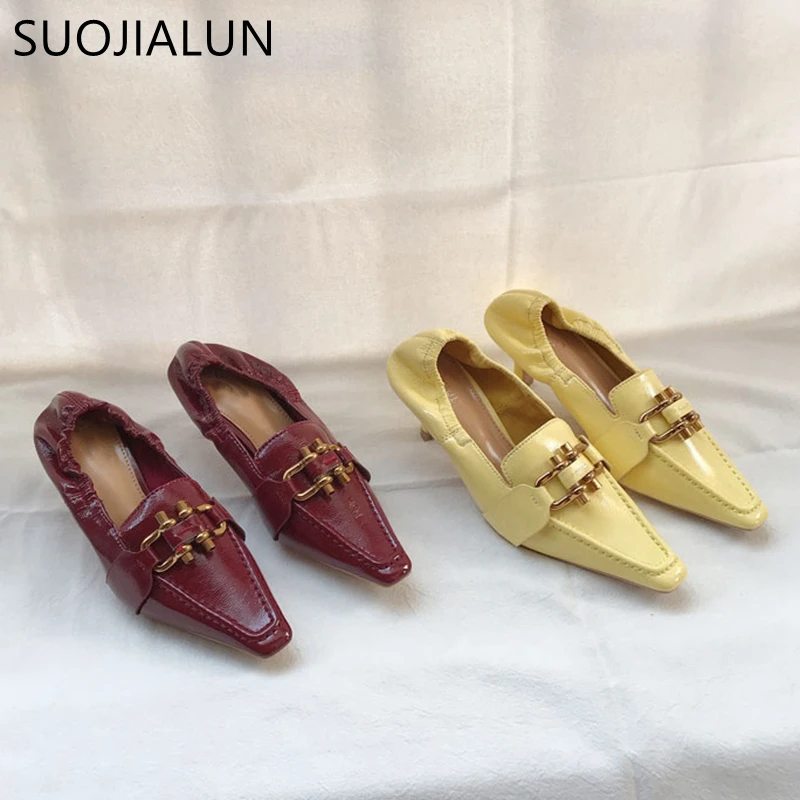 SUOJIALUN/модные брендовые женские туфли-лодочки с металлической пряжкой на низком