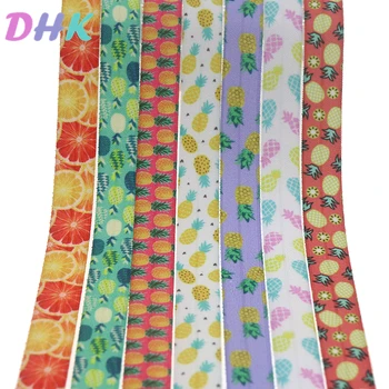 

DHK 5/8'' 10yards fruits pineapple orange printed Fold Elastic FOE stretch ribbon hairbow headwear headband DIY OEM B1834