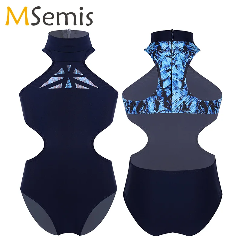 

Girls Leotard Ballet Dance Gymnastics Dress Kids Sleeveless Mock Neck Racer Back with Zipper Closure Cutouts Waist Jumpsuit