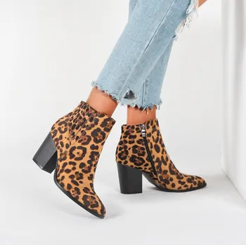 

NEWEST 2019 Free Shipping Sexy Women Lady Leopard chunky high heels shoes short tube Chelsea Ankle boots pumps