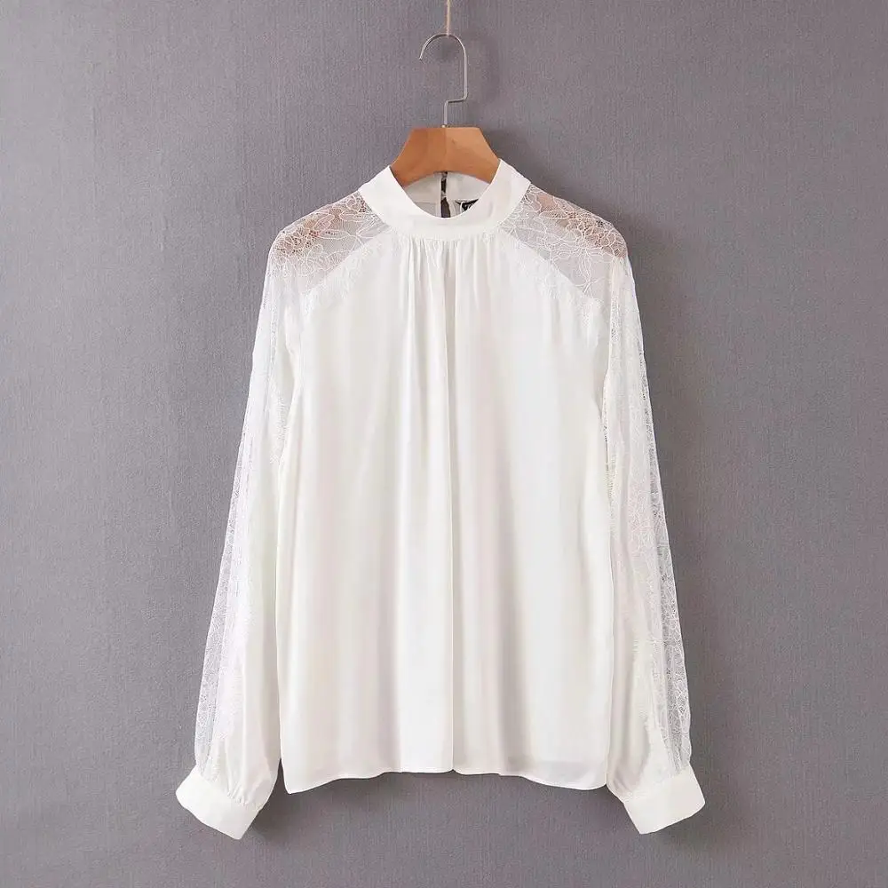 ZA блузка рубашка для женщин сшивание Тюль сатин топы белый шифон кружево прозрачный рукав Повседневная Женская блузка женская одежда - Цвет: white