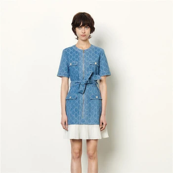 

2020 New Summer Women Dresses Casual Slim Pockets Short Sleeve Patchwork Jeans Dress For Females Plaide Denim vestidos de fiesta