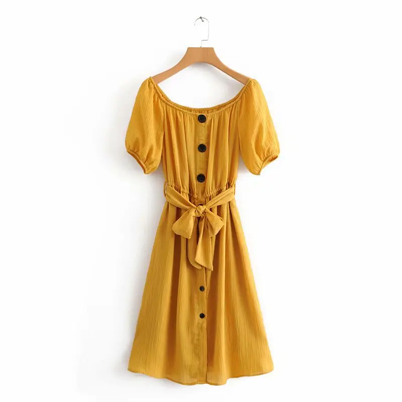 

2018 Western Style WOMEN'S Short Sleeved Single Breasted High-waisted Bow-Accent Belt Wrinkles Effect Dress 5091